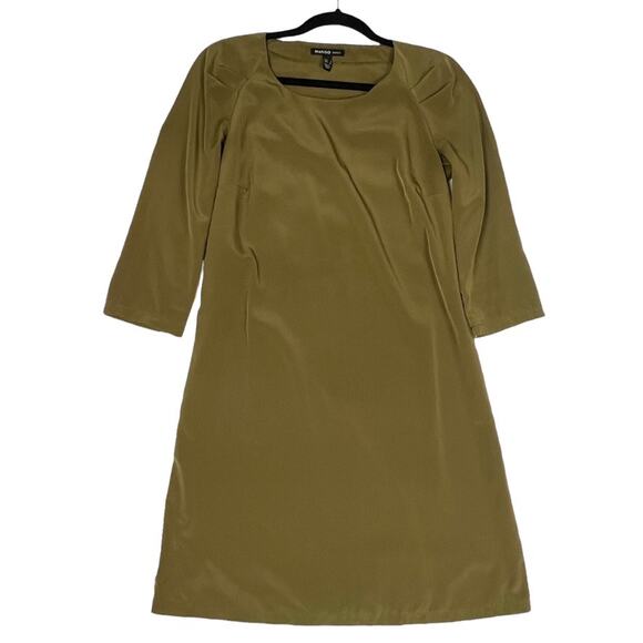 Mango Basics Dress Olive Green Satin Three-Quarter Sleeve Crew Neck Mini 4 - Picture 1 of 7